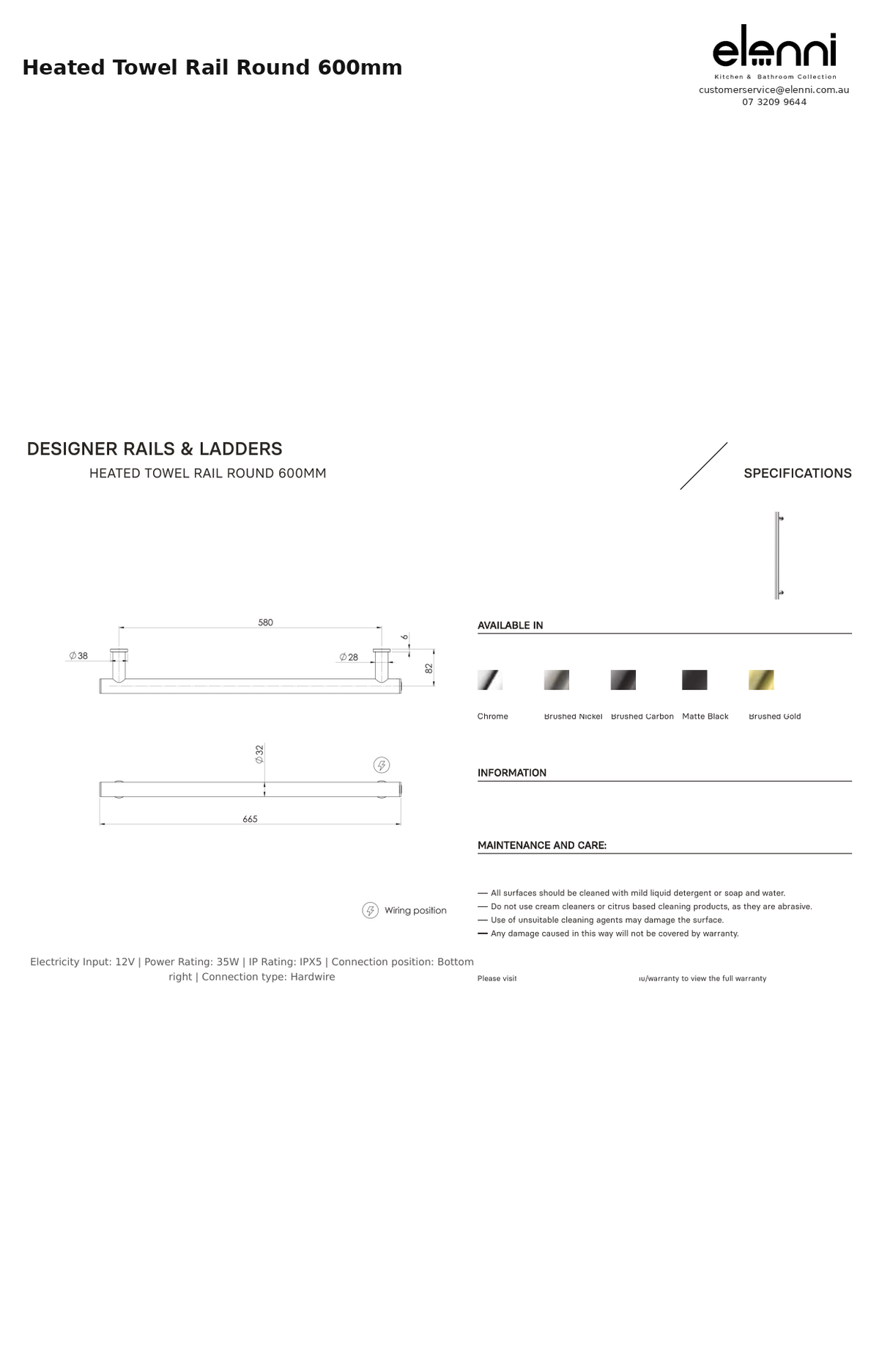 Heated Towel Rail Round 600mm — Elenni specification drawing
