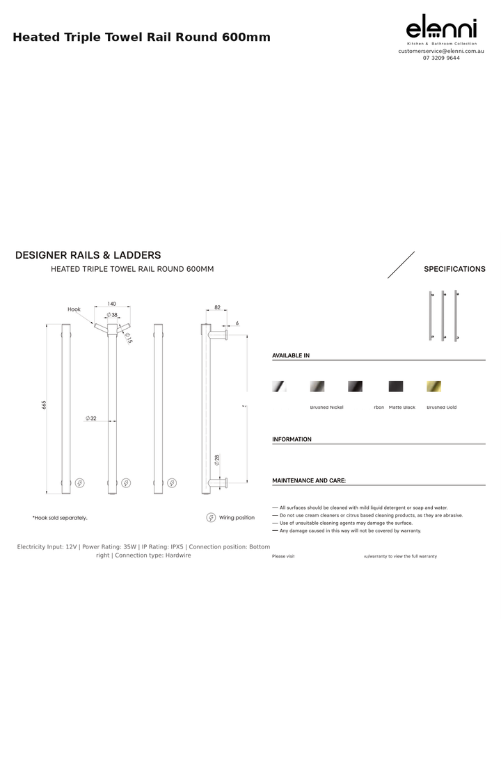 Heated Triple Towel Rail Round 600mm — Elenni specification drawing