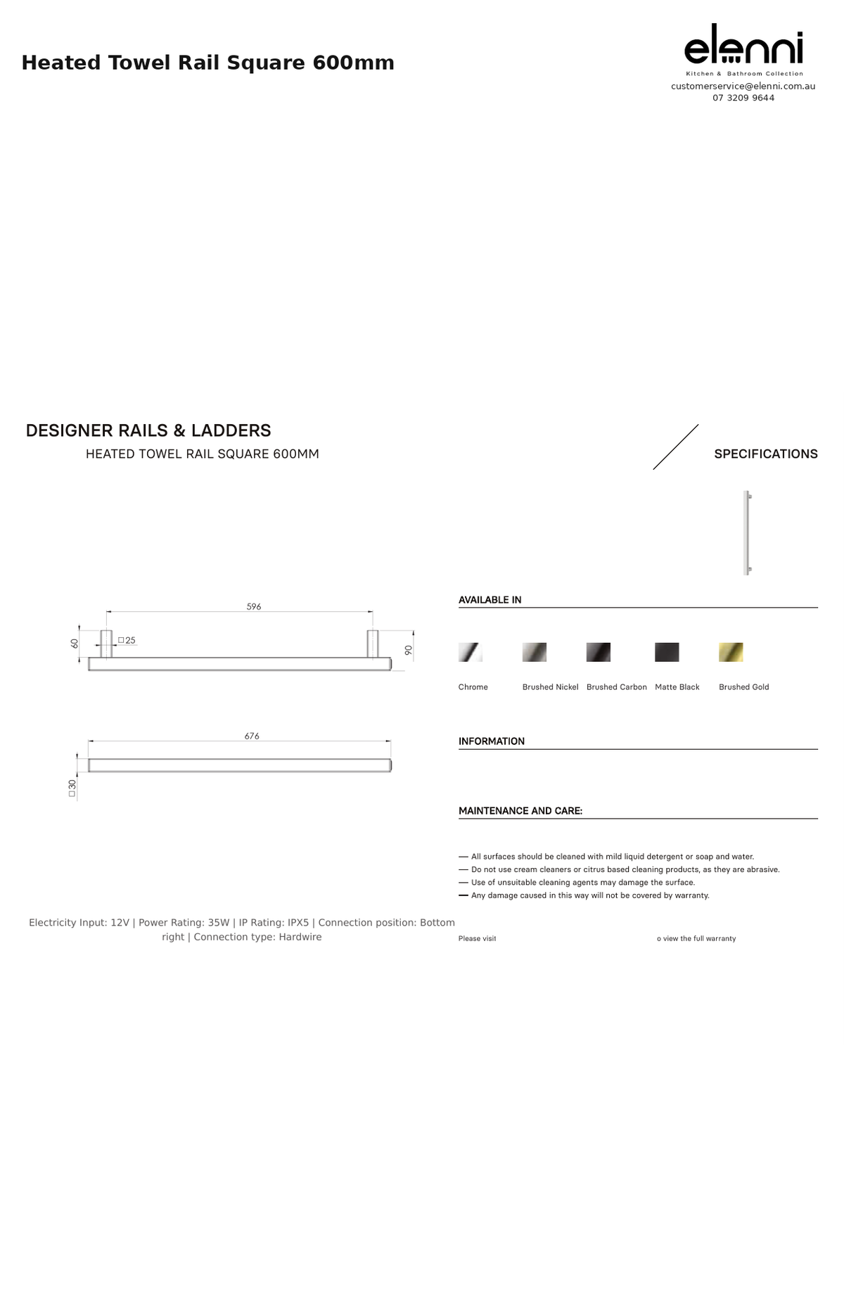 Heated Towel Rail Square 600mm — Elenni specification drawing
