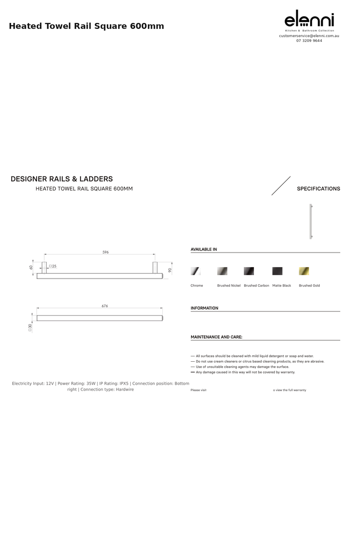 Heated Towel Rail Square 600mm — Elenni specification drawing