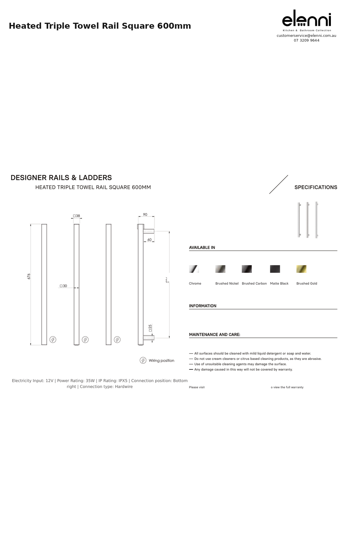 Heated Triple Towel Rail Square 600mm — Elenni specification drawing