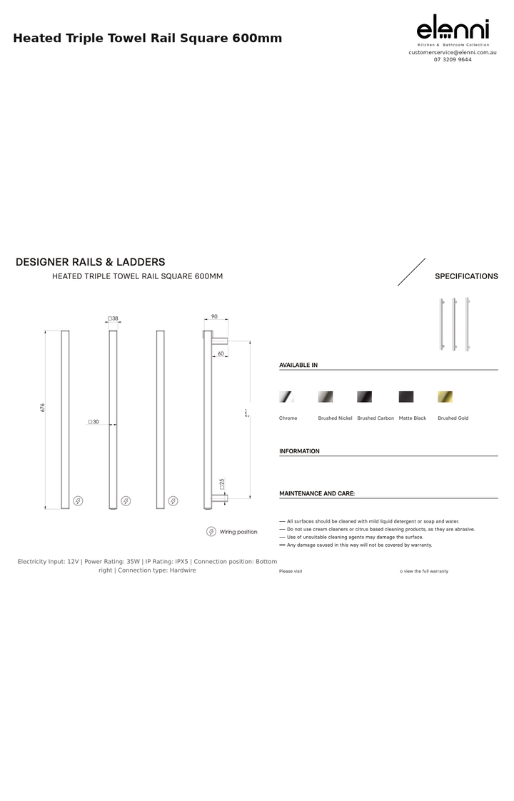 Heated Triple Towel Rail Square 600mm — Elenni specification drawing