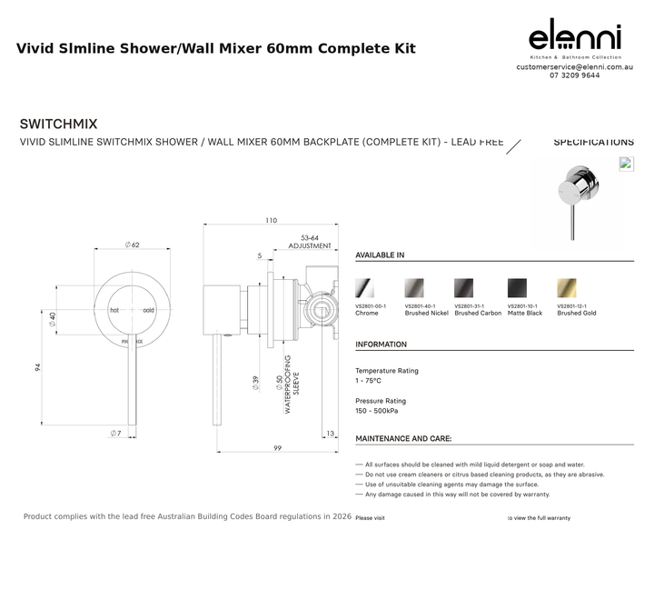 Vivid Slmline Shower/Wall Mixer 60mm Complete Kit — specification sheet (Elenni)