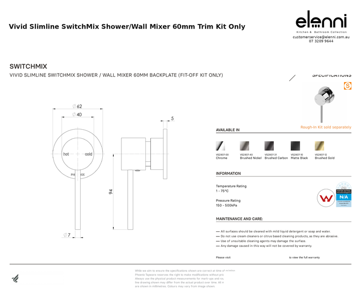 Vivid Slimline SwitchMix Shower/Wall Mixer 60mm Trim Kit Only — specification sheet (Elenni)
