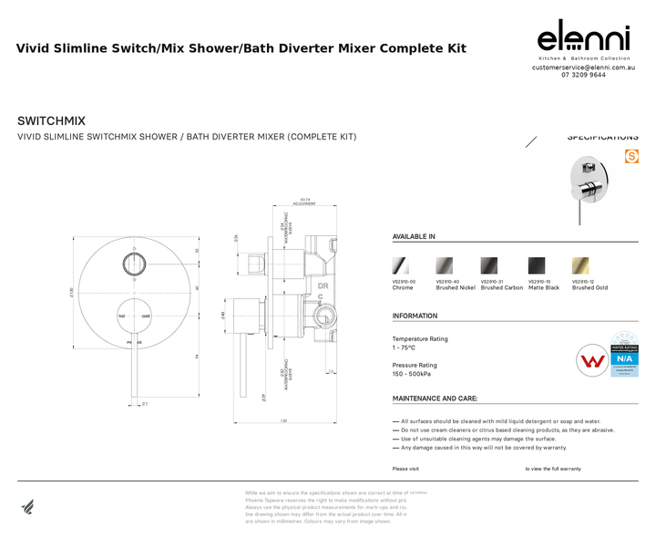 Vivid Slimline Switch/Mix Shower/Bath Diverter Mixer Complete Kit — specification sheet (Elenni)
