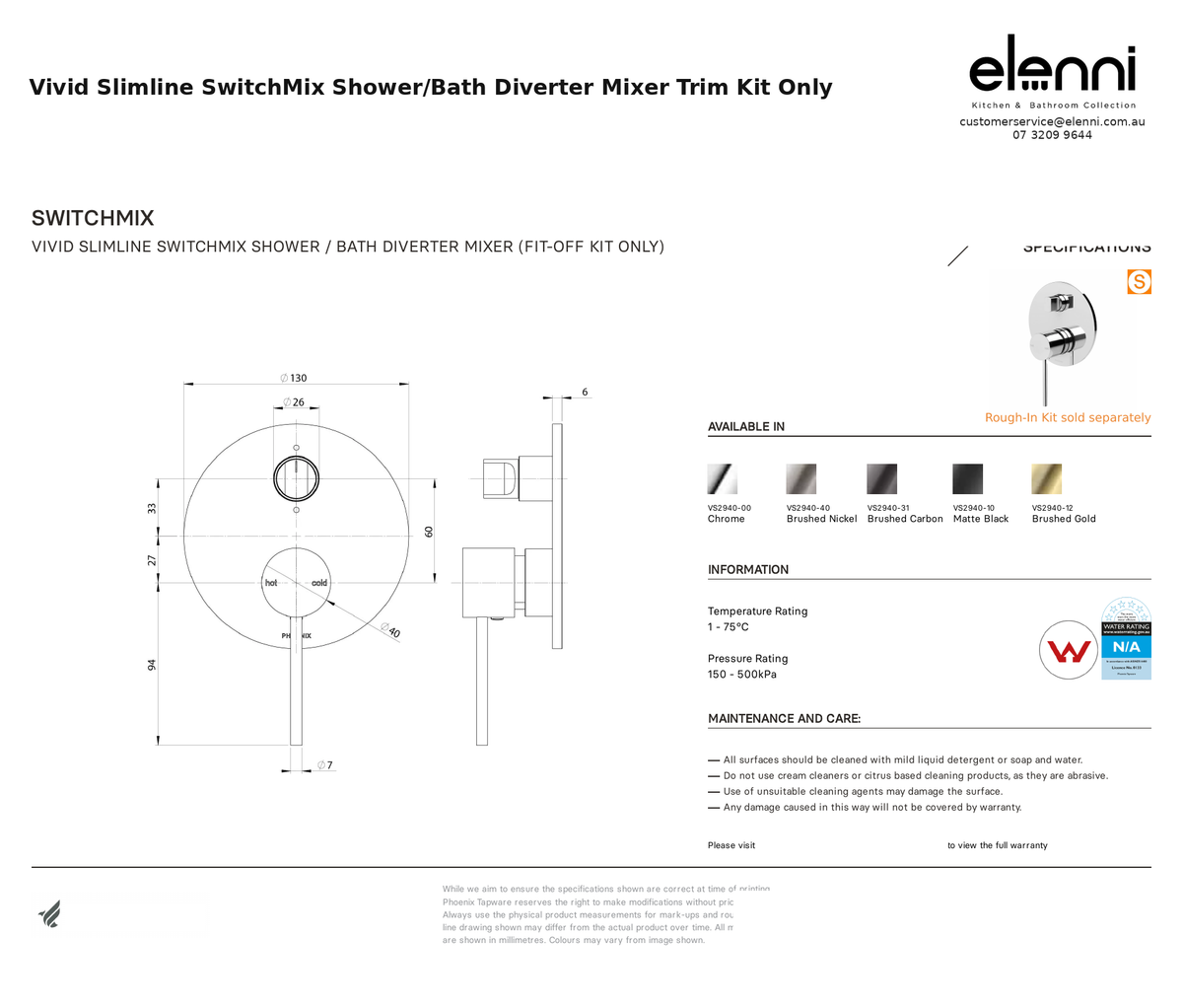 Vivid Slimline SwitchMix Shower/Bath Diverter Mixer Trim Kit Only — specification sheet (Elenni)