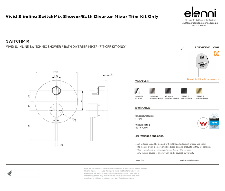 Vivid Slimline SwitchMix Shower/Bath Diverter Mixer Trim Kit Only — specification sheet (Elenni)
