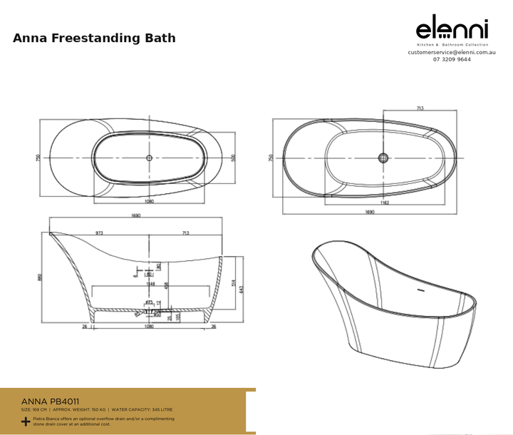 Anna Freestanding Bath — specification sheet (Elenni)
