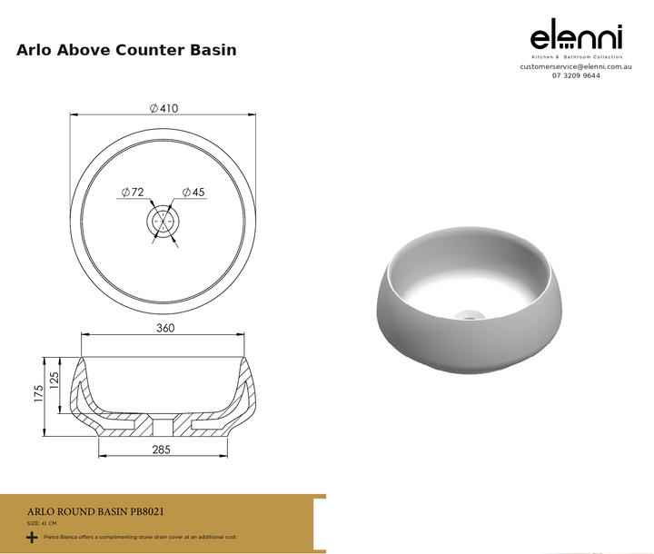 Arlo Above Counter Basin — specification sheet (Elenni)
