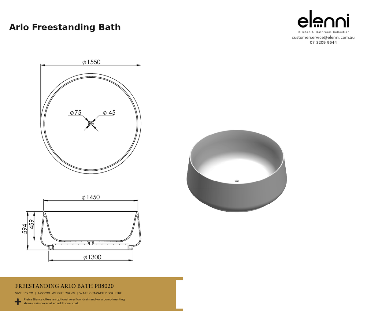 Arlo Freestanding Bath — specification sheet (Elenni)