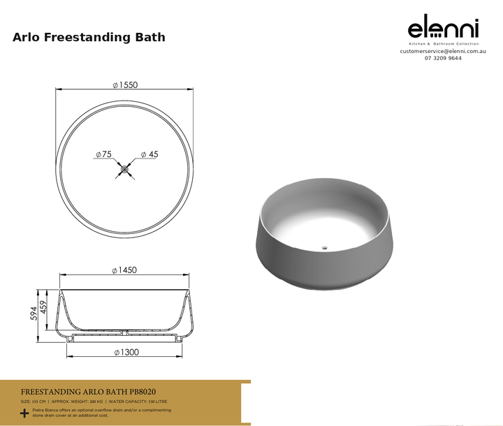 Arlo Freestanding Bath — specification sheet (Elenni)