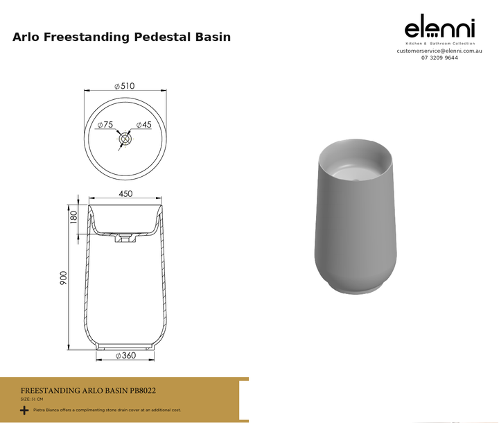 Arlo Freestanding Pedestal Basin — specification sheet (Elenni)