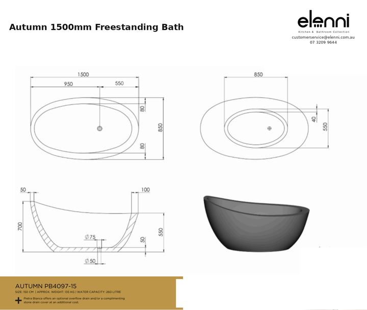 Autumn 1500mm Freestanding Bath — specification sheet (Elenni)