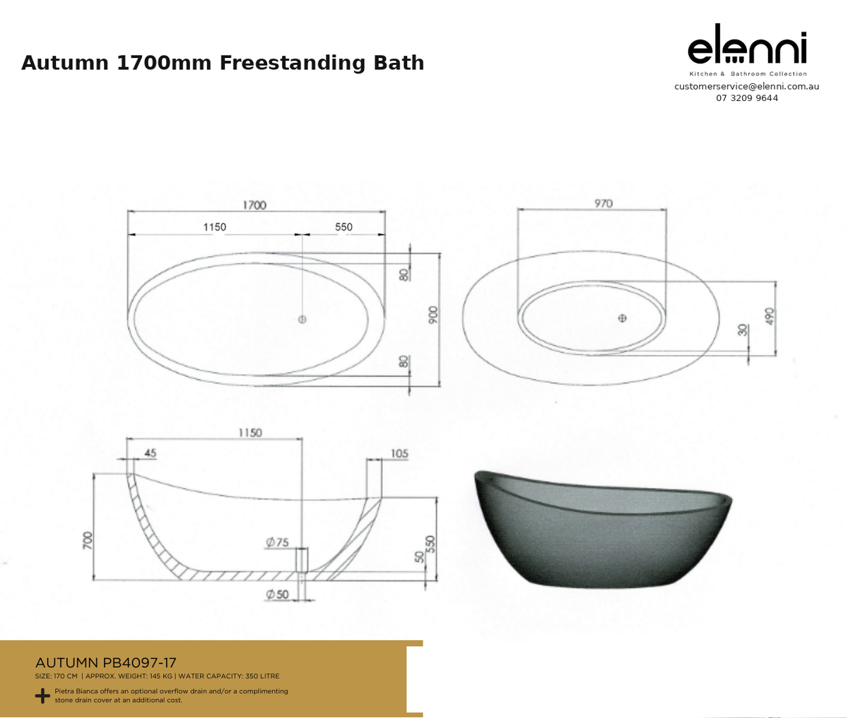 Autumn 1700mm Freestanding Bath — specification sheet (Elenni)