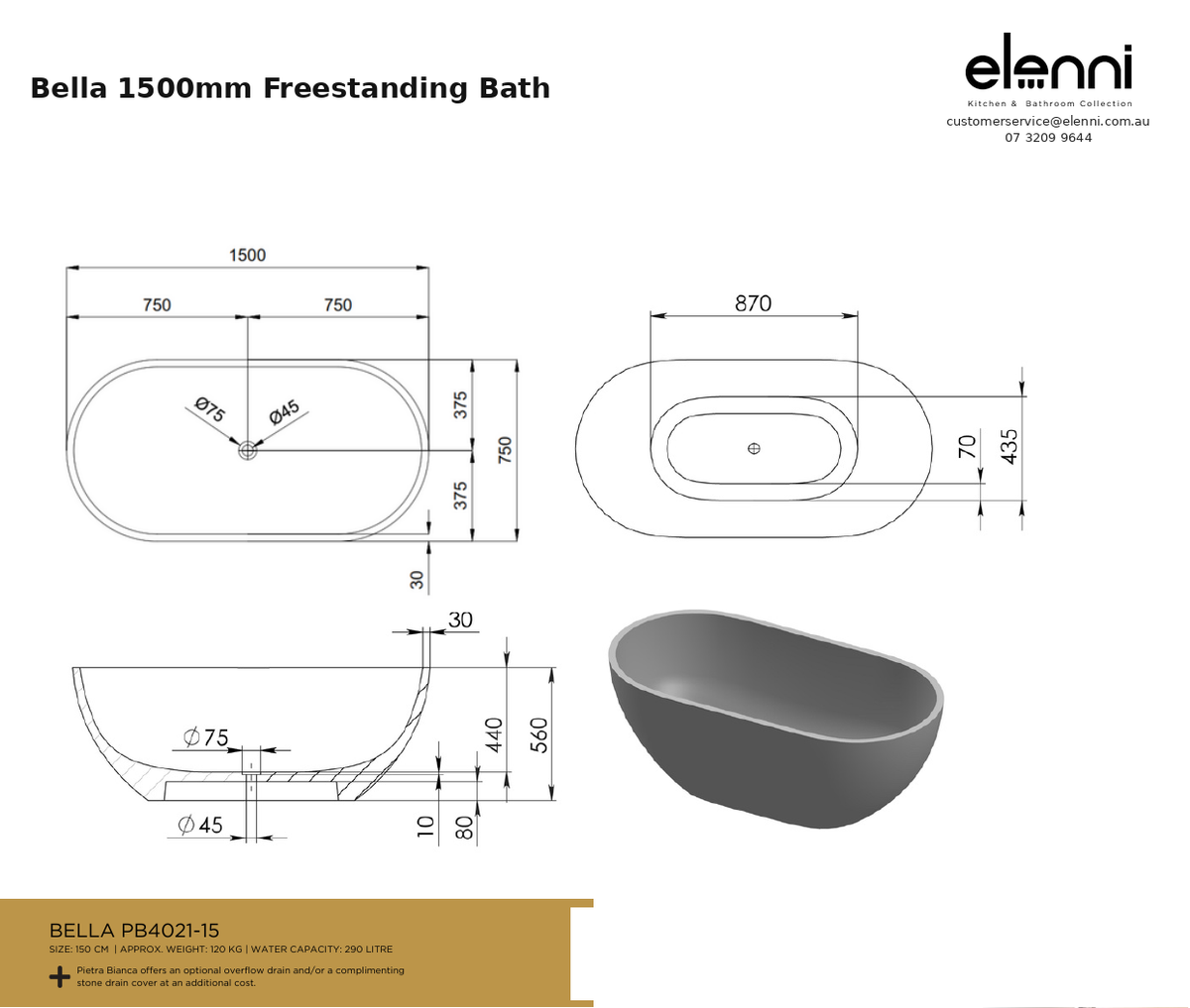 Bella 1500mm Freestanding Bath — specification sheet (Elenni)