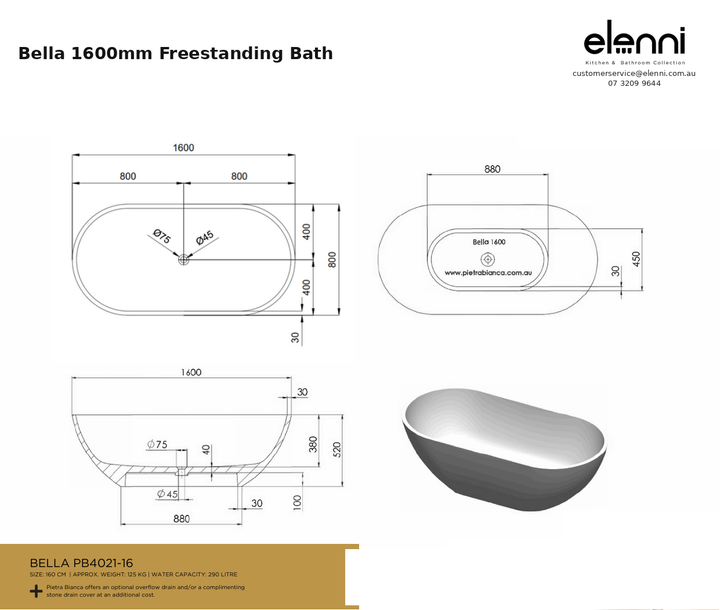 Bella 1600mm Freestanding Bath — specification sheet (Elenni)