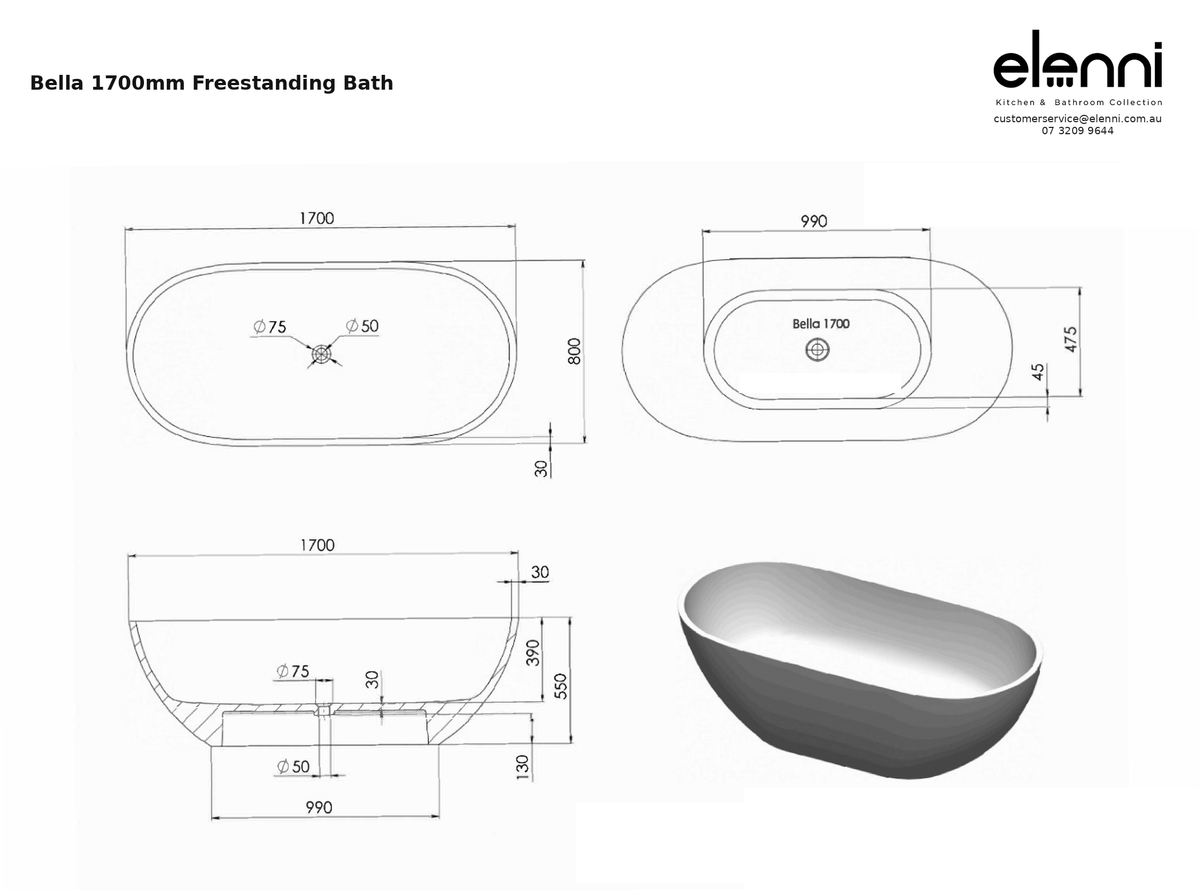 Bella 1700mm Freestanding Bath — specification sheet (Elenni)