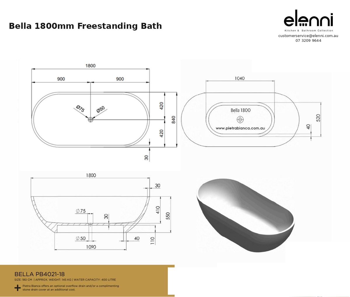 Bella 1800mm Freestanding Bath — specification sheet (Elenni)