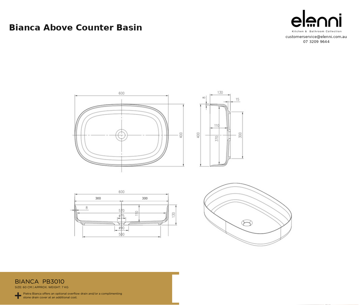 Bianca Above Counter Basin — specification sheet (Elenni)