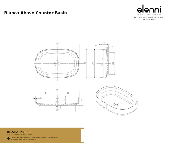 Bianca Above Counter Basin — specification sheet (Elenni)