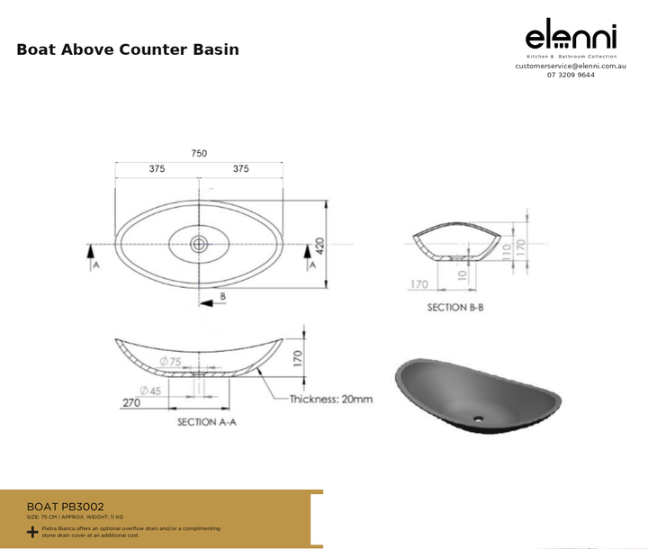 Boat Above Counter Basin — specification sheet (Elenni)