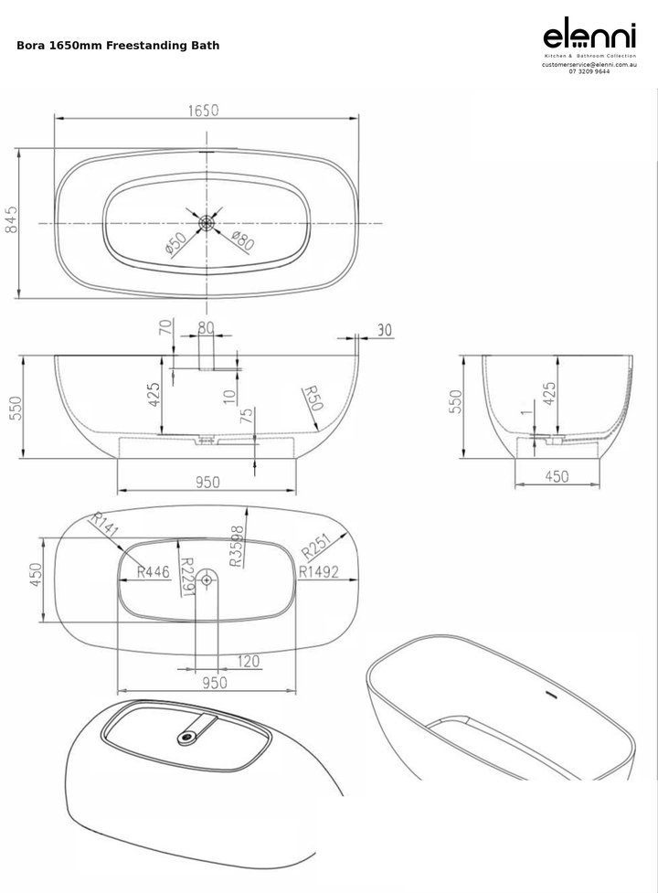 Bora 1650mm Freestanding Bath — specification sheet (Elenni)