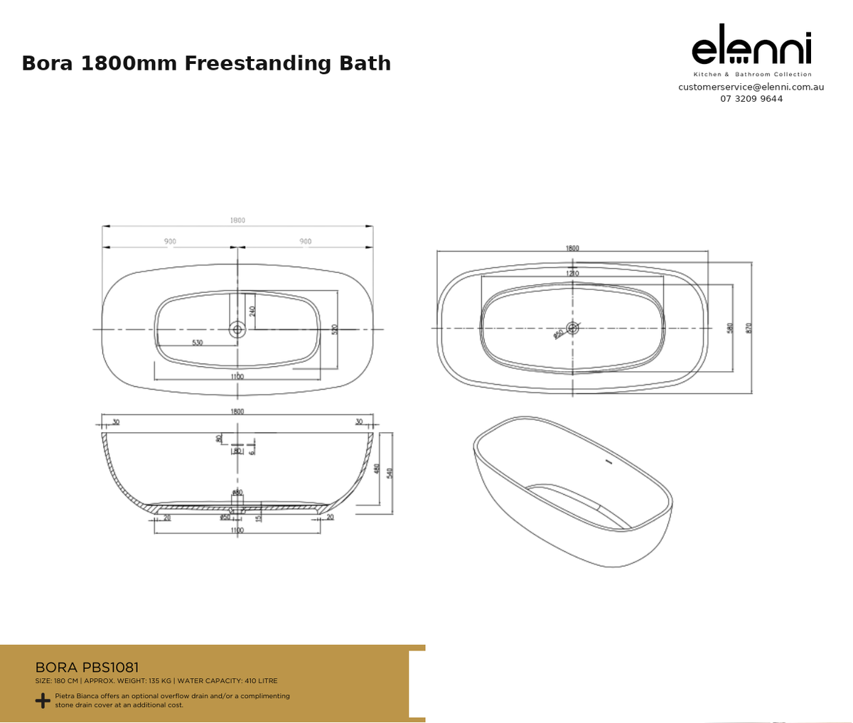 Bora 1800mm Freestanding Bath — specification sheet (Elenni)
