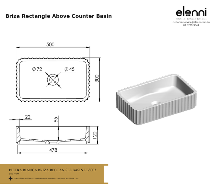 Briza Rectangle Above Counter Basin — specification sheet (Elenni)
