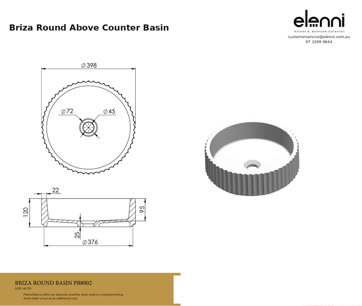 Briza Round Above Counter Basin — specification sheet (Elenni)