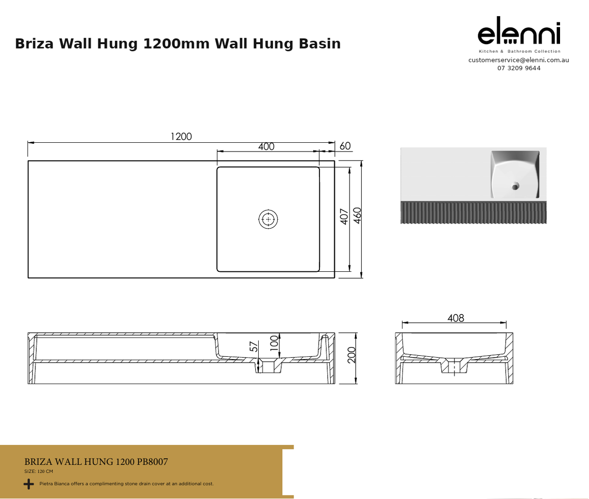 Briza Wall Hung 1200mm Wall Hung Basin — specification sheet (Elenni)