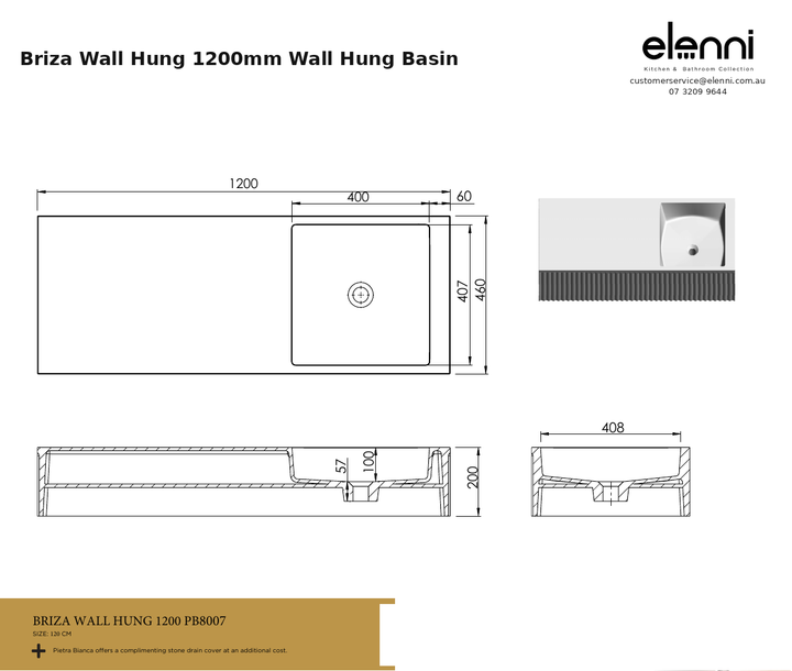 Briza Wall Hung 1200mm Wall Hung Basin — specification sheet (Elenni)