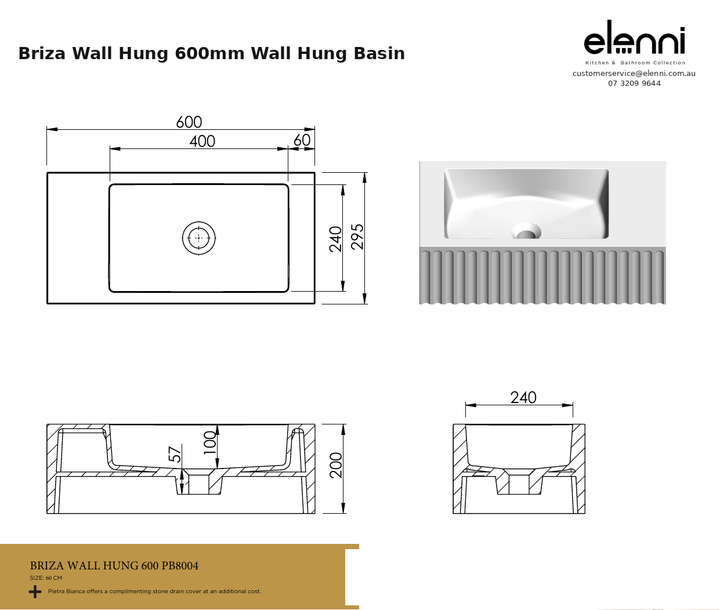 Briza Wall Hung 600mm Wall Hung Basin — specification sheet (Elenni)