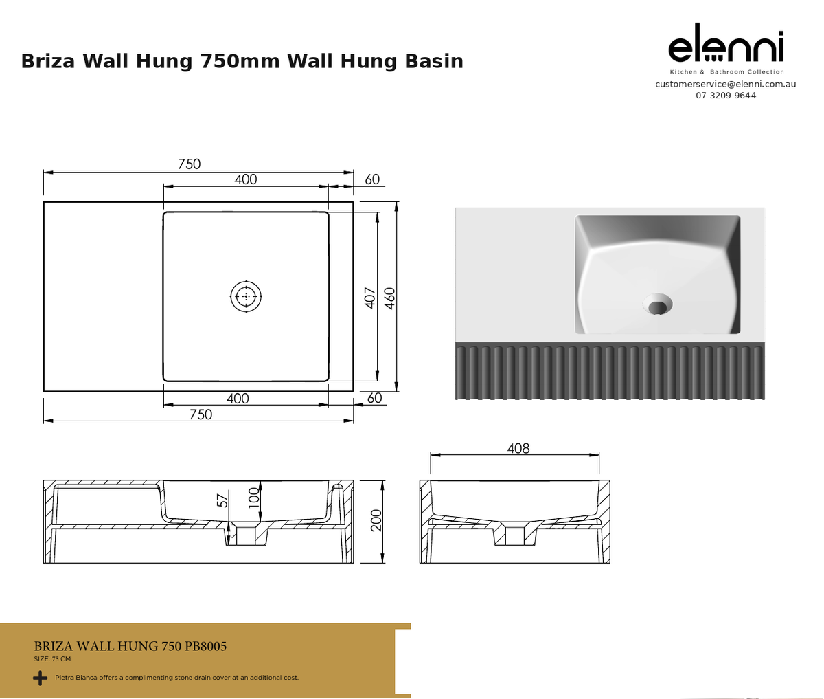 Briza Wall Hung 750mm Wall Hung Basin — specification sheet (Elenni)