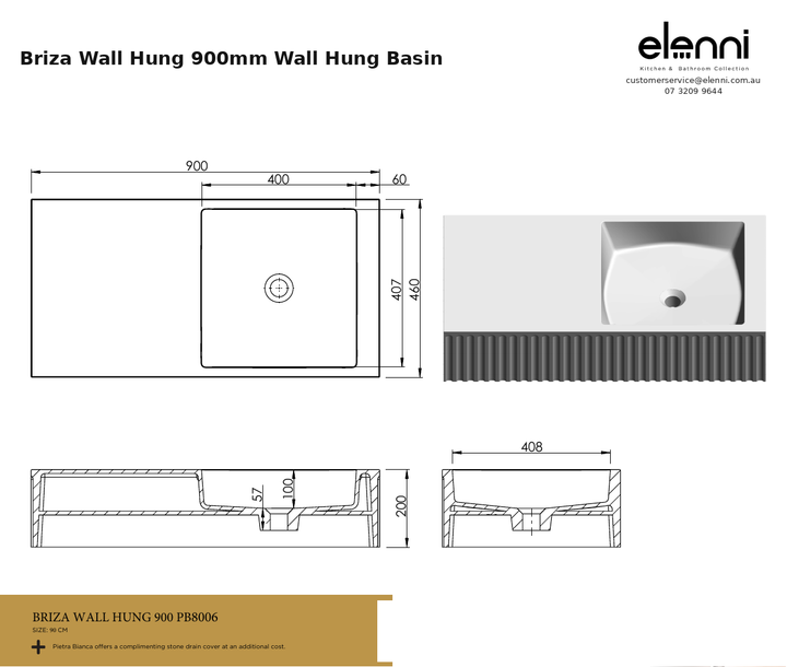 Briza Wall Hung 900mm Wall Hung Basin — specification sheet (Elenni)