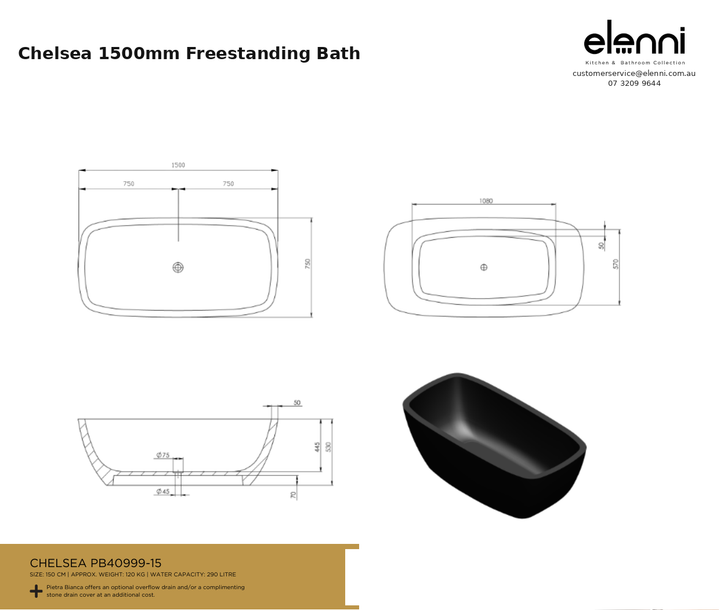 Chelsea 1500mm Freestanding Bath — specification sheet (Elenni)