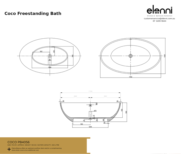 Coco Freestanding Bath — specification sheet (Elenni)