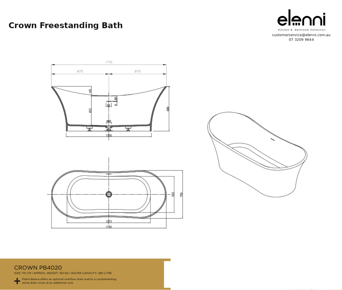 Crown Freestanding Bath — specification sheet (Elenni)