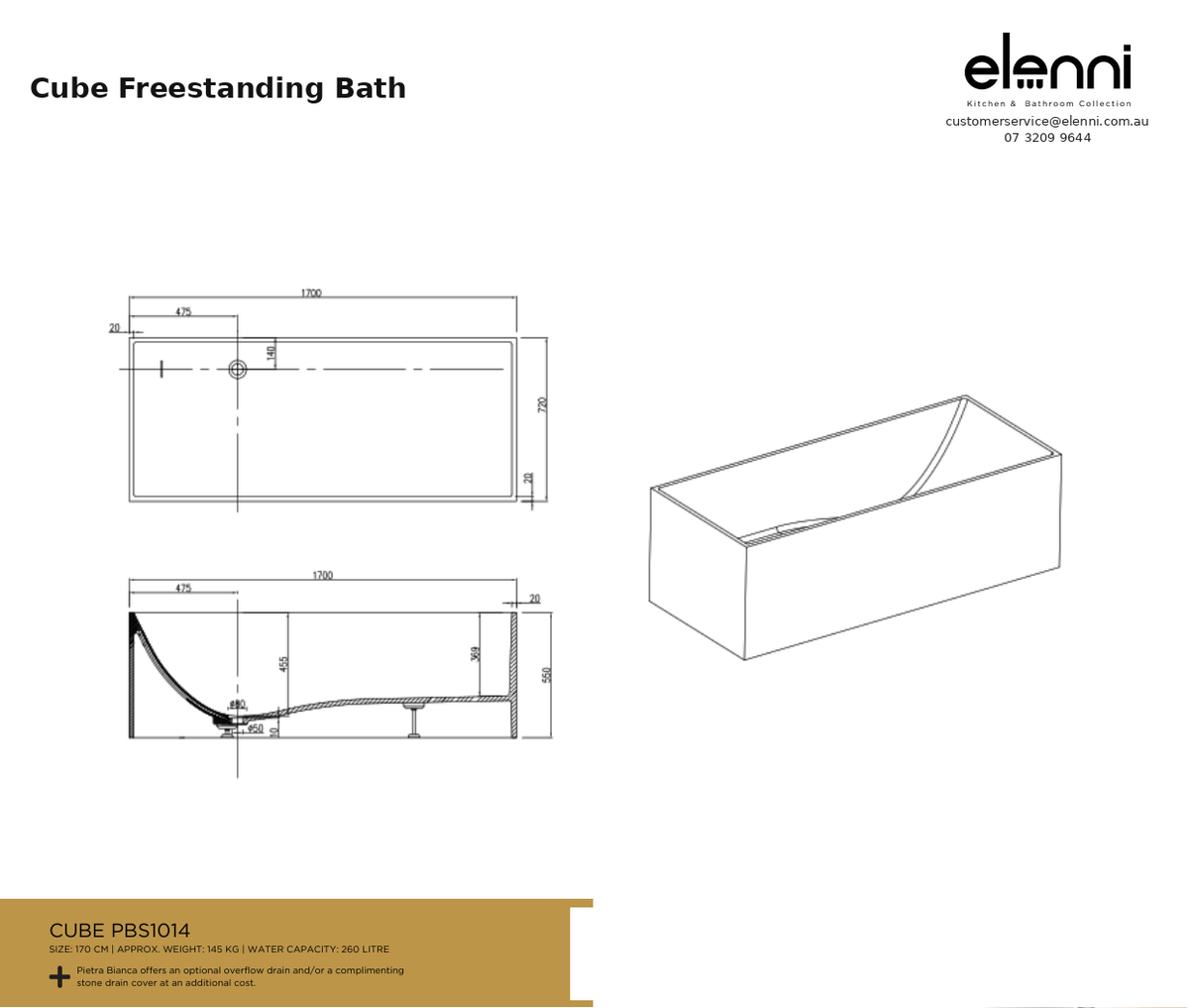 Cube Freestanding Bath — specification sheet (Elenni)
