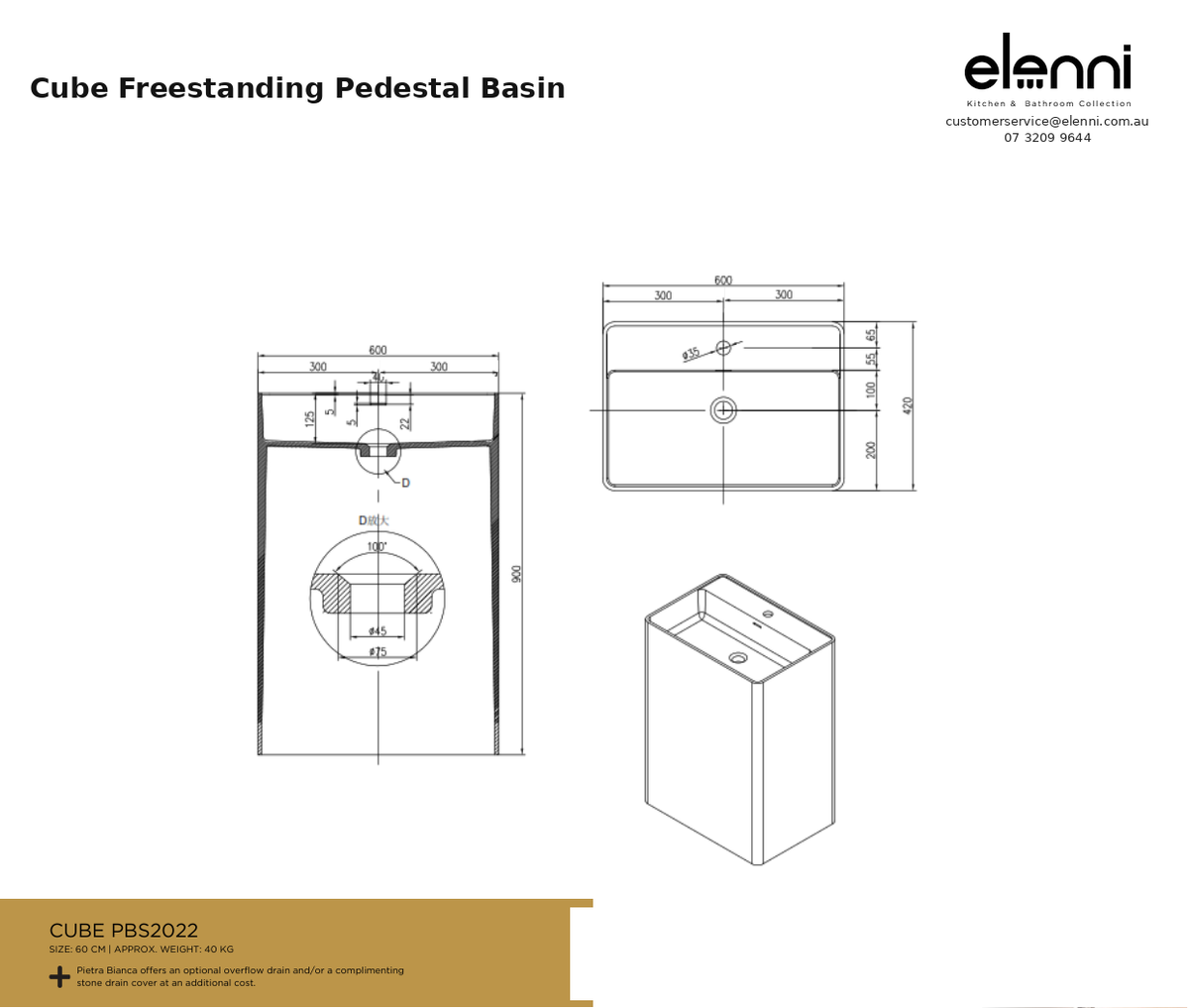 Cube Freestanding Pedestal Basin — specification sheet (Elenni)