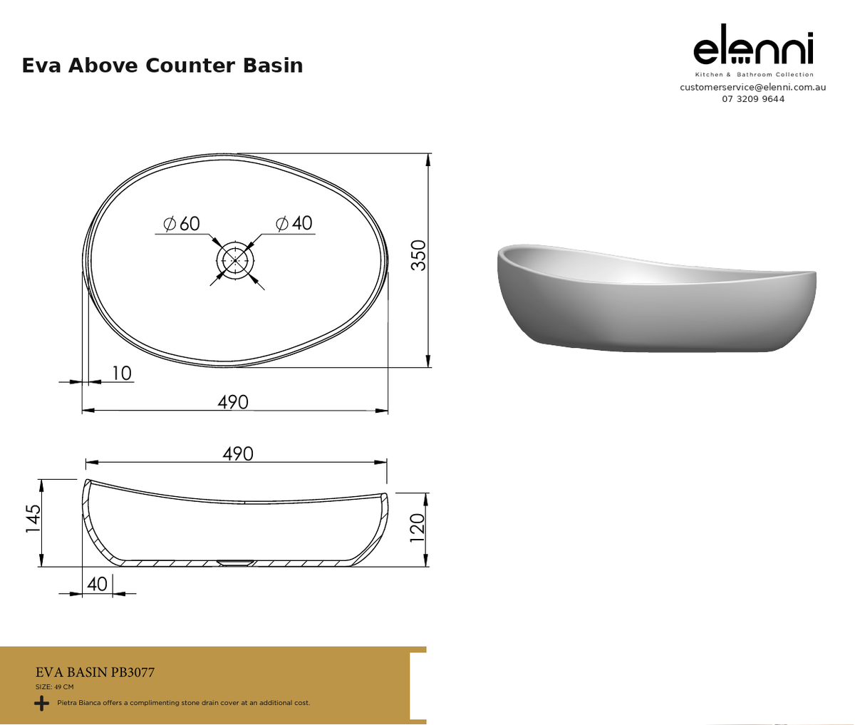 Eva Above Counter Basin — specification sheet (Elenni)