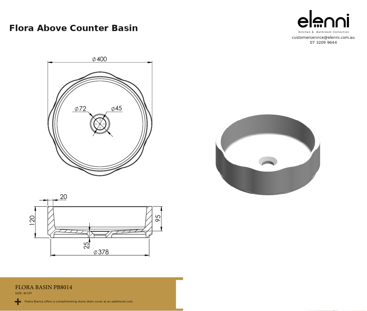Flora Above Counter Basin — specification sheet (Elenni)