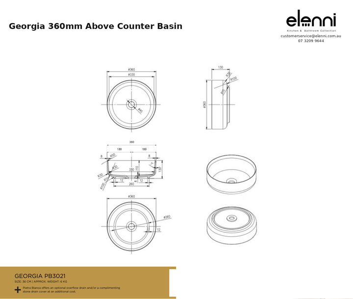 Georgia 360mm Above Counter Basin — specification sheet (Elenni)