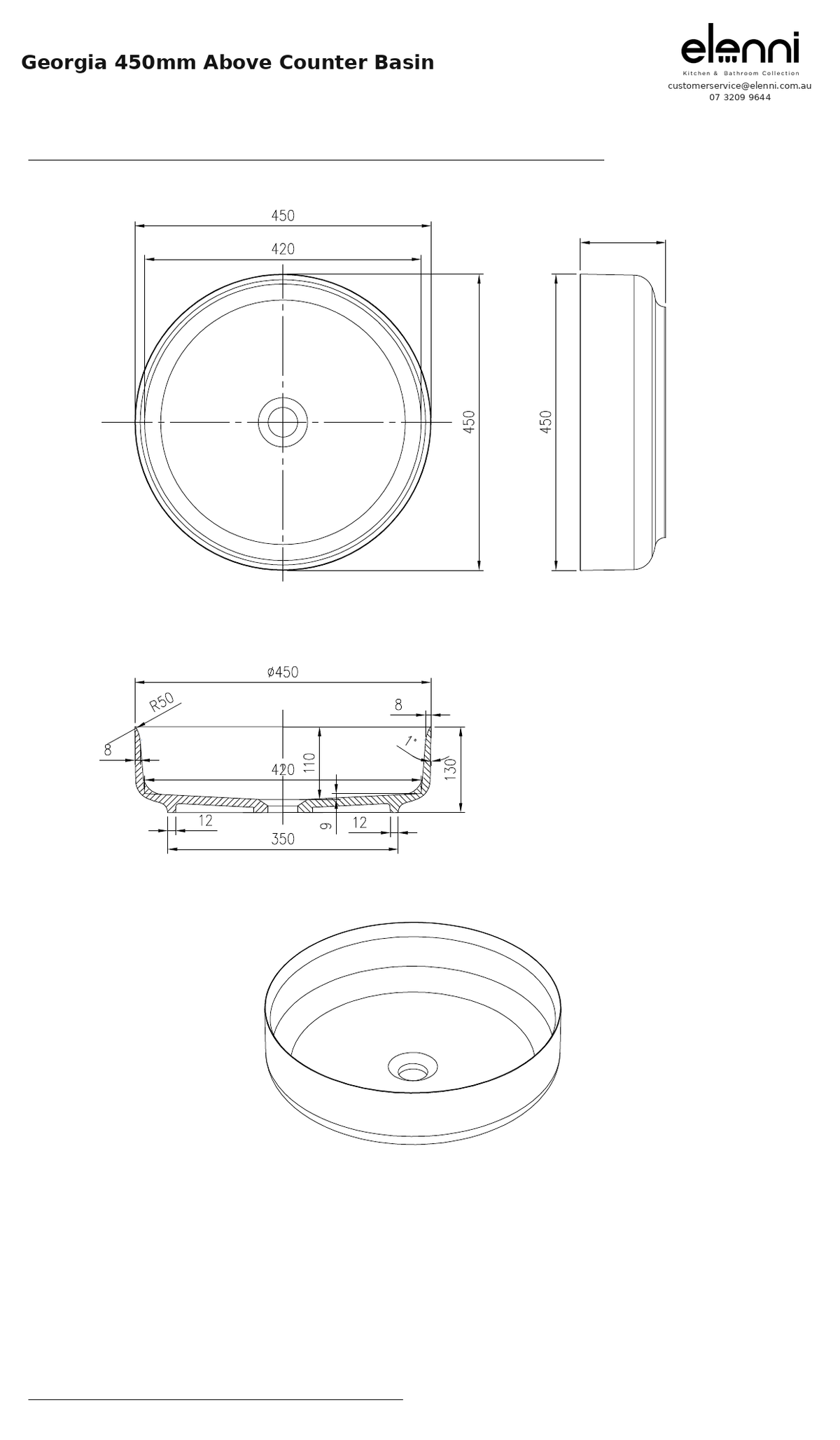 Georgia 450mm Above Counter Basin — specification sheet (Elenni)