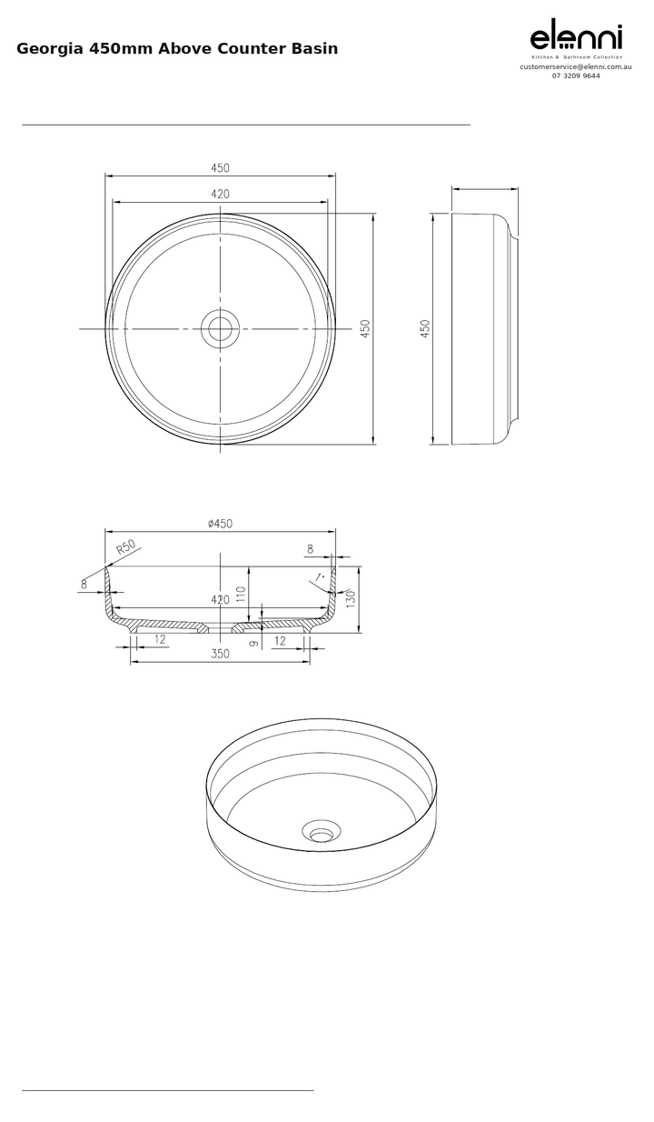 Georgia 450mm Above Counter Basin — specification sheet (Elenni)