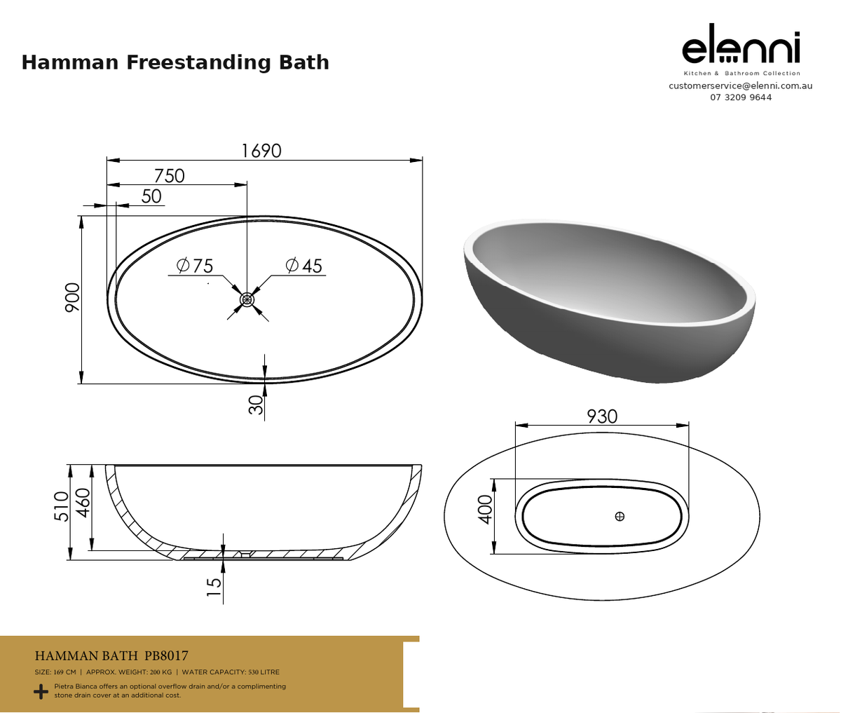 Hamman Freestanding Bath — specification sheet (Elenni)