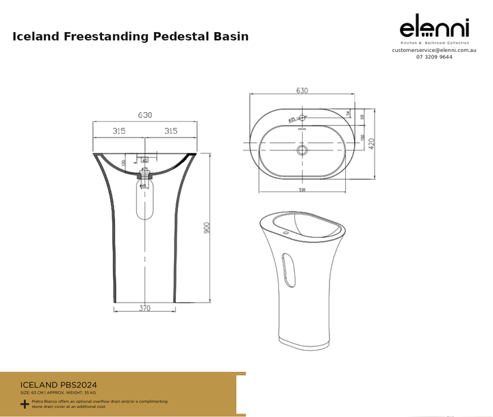 Iceland Freestanding Pedestal Basin — specification sheet (Elenni)