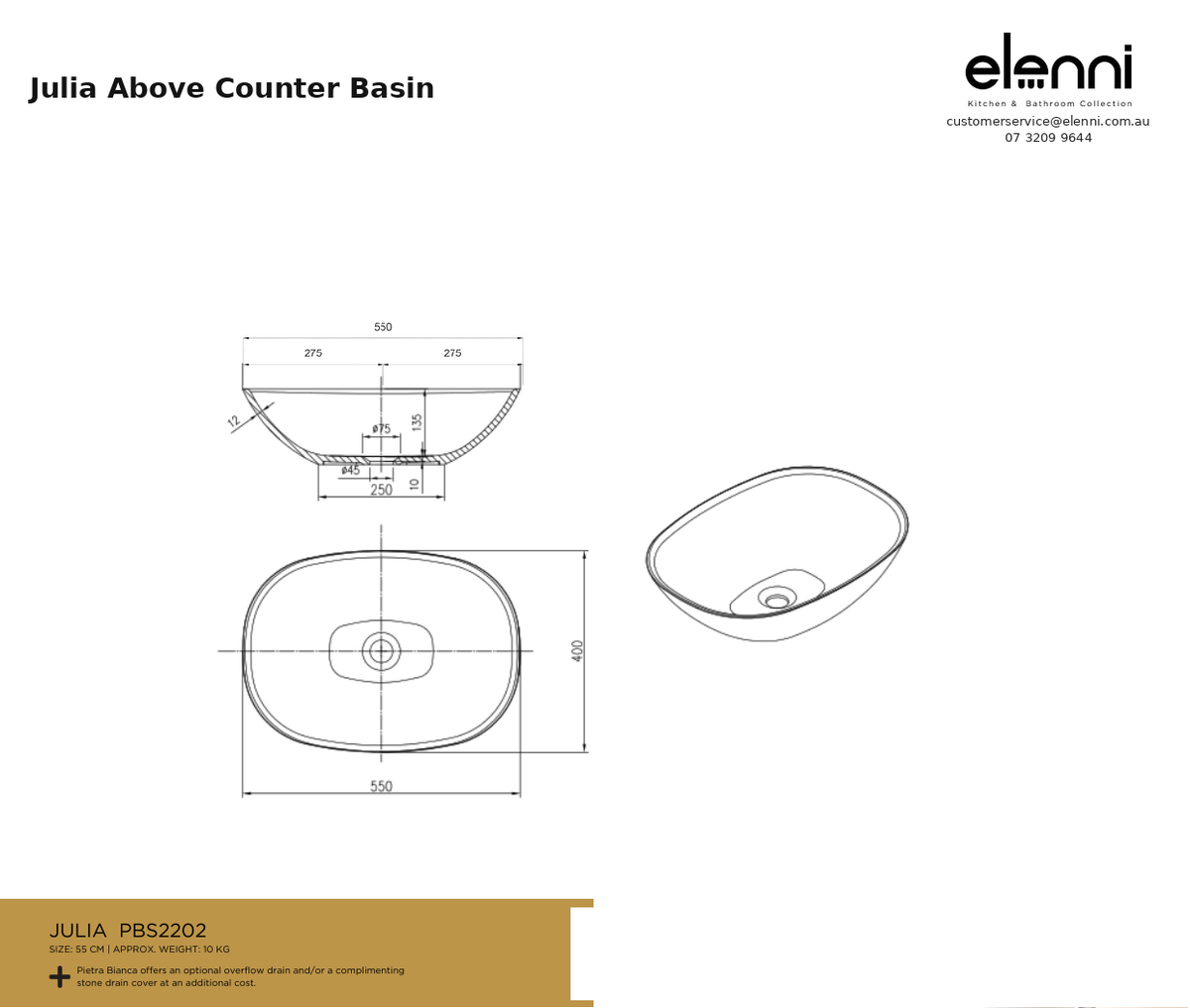 Julia Above Counter Basin — specification sheet (Elenni)