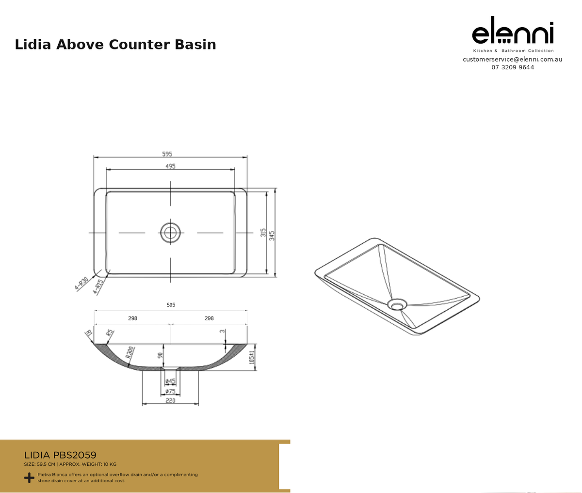 Lidia Above Counter Basin — specification sheet (Elenni)