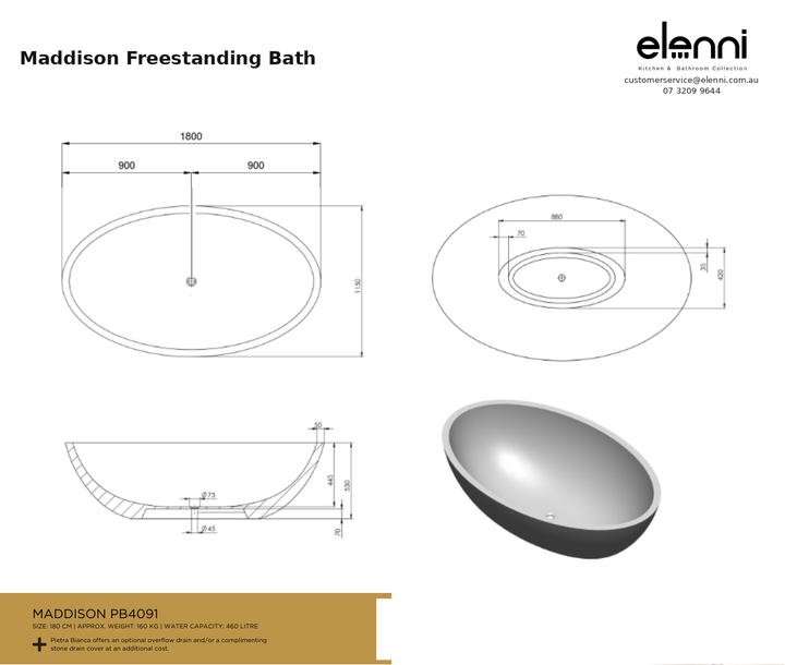 Maddison Freestanding Bath — specification sheet (Elenni)