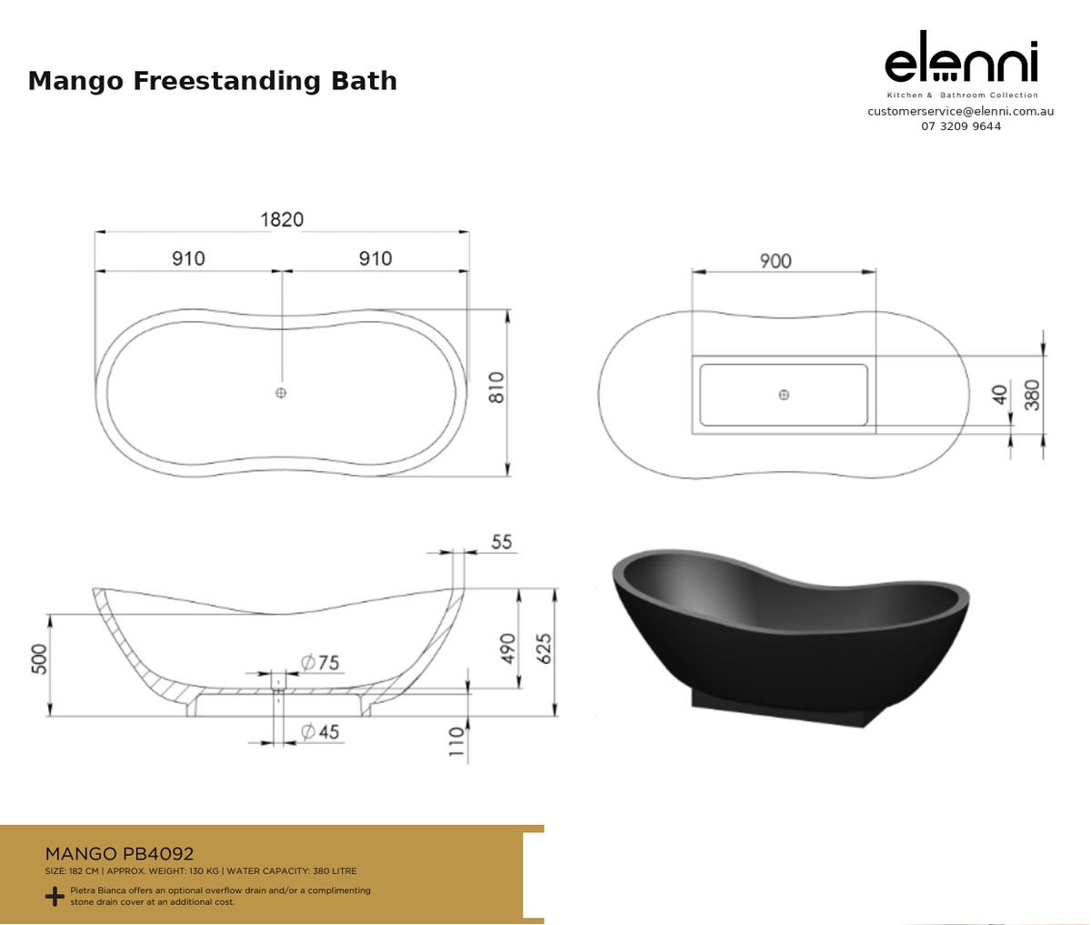 Mango Freestanding Bath — specification sheet (Elenni)
